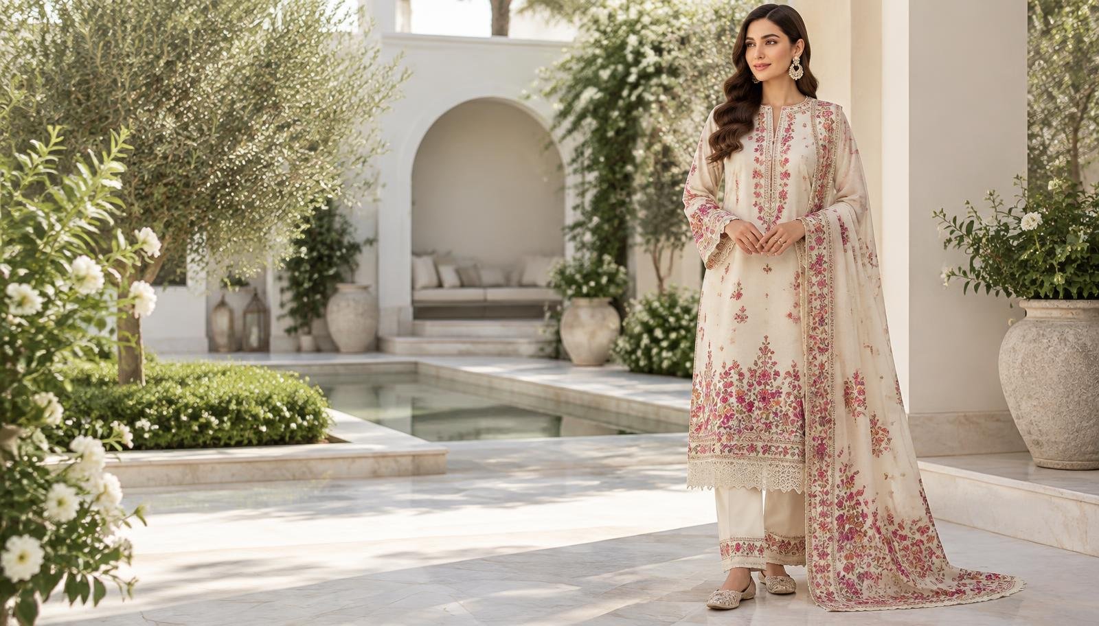 Model wearing a premium embroidered women's suit
